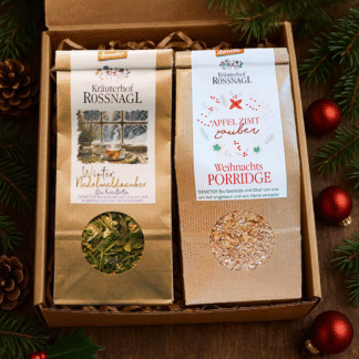 Winter Nadelwaldzauber und Weihnachts-Porridge in einer weihnachtlichen Geschenksbox.