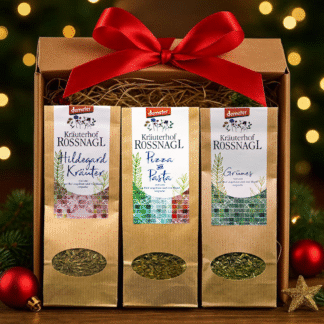 Pizza-und Pasta, Grünes und Hildegard-Kräuter in einer weihnachtlichen Geschenksbox.